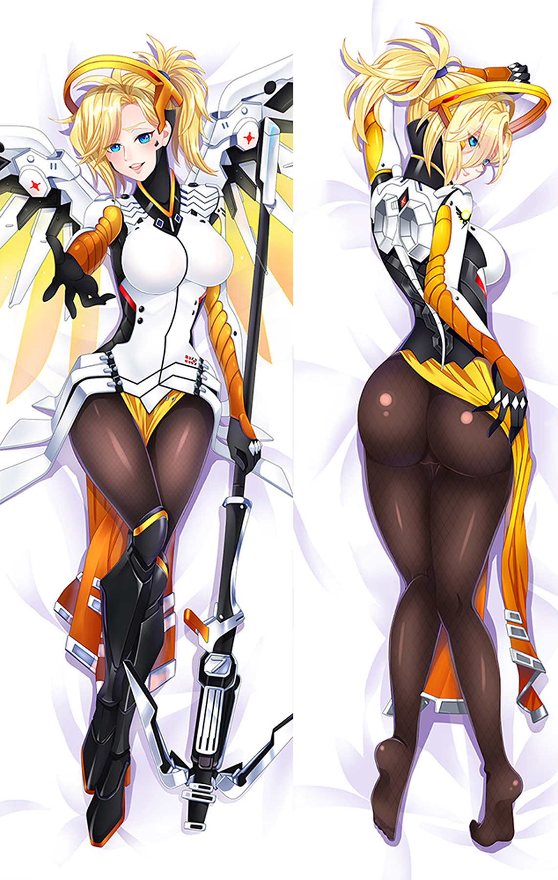 Diseño de funda de dakimakura de Mercy de Overwatch de frente y de espaldas con armadura blanca y dorada, coleta rubia, medias oscuras y alas mecánicas, mano extendida y bastón a la izquierda.