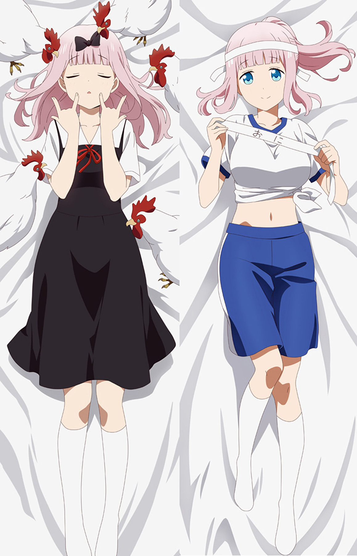 Dubbelzijdige illustratie voor een Chika Fujiwara dakimakurahoes met een blauwe short en hanenmotieven.