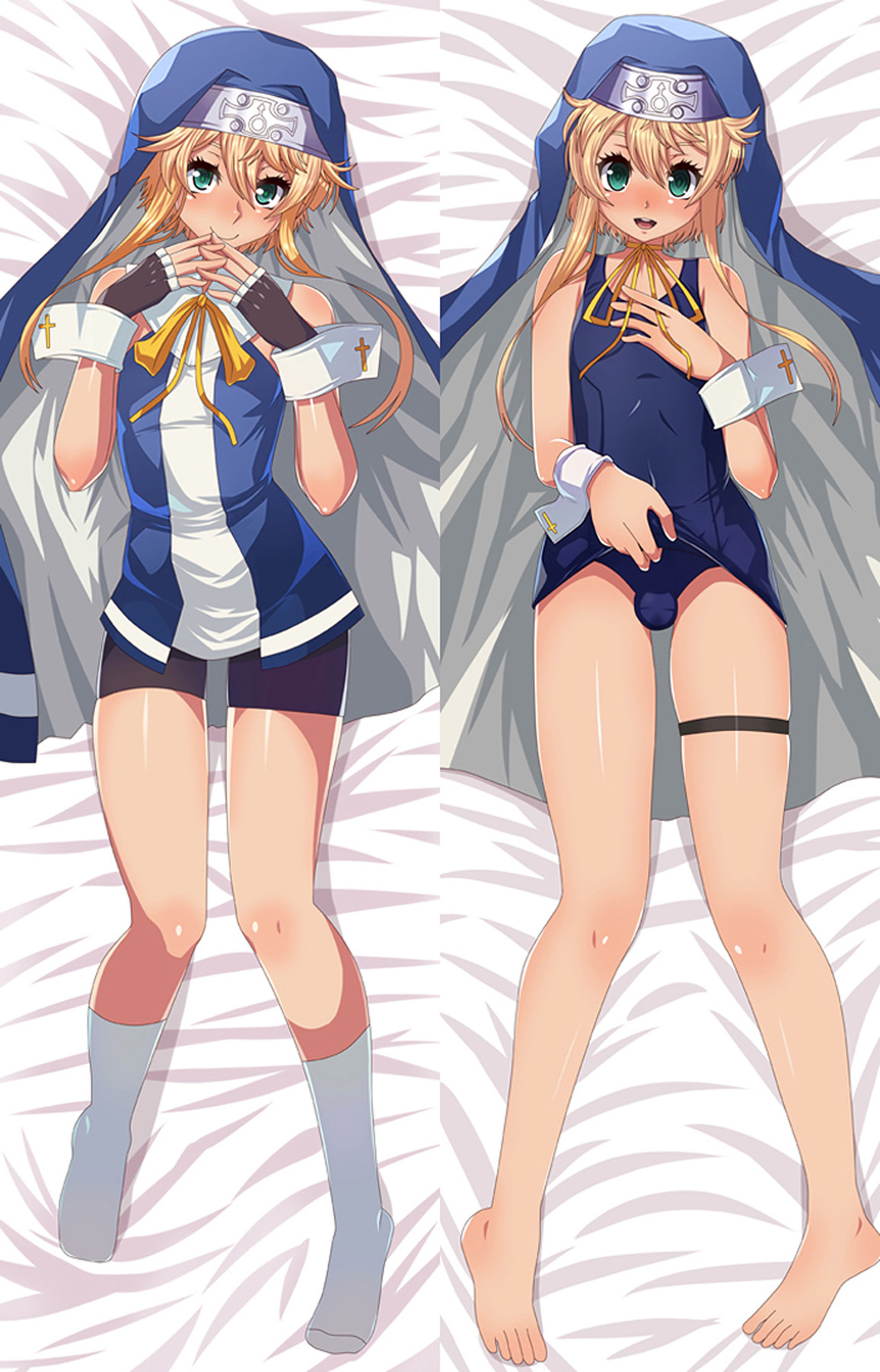 Ilustración de Bridget para una funda dakimakura: El pelo rubio y los ojos azules acompañan un traje azul y blanco con capucha, lazo amarillo, puños grandes y pantalones cortos, junto a un body azul oscuro.