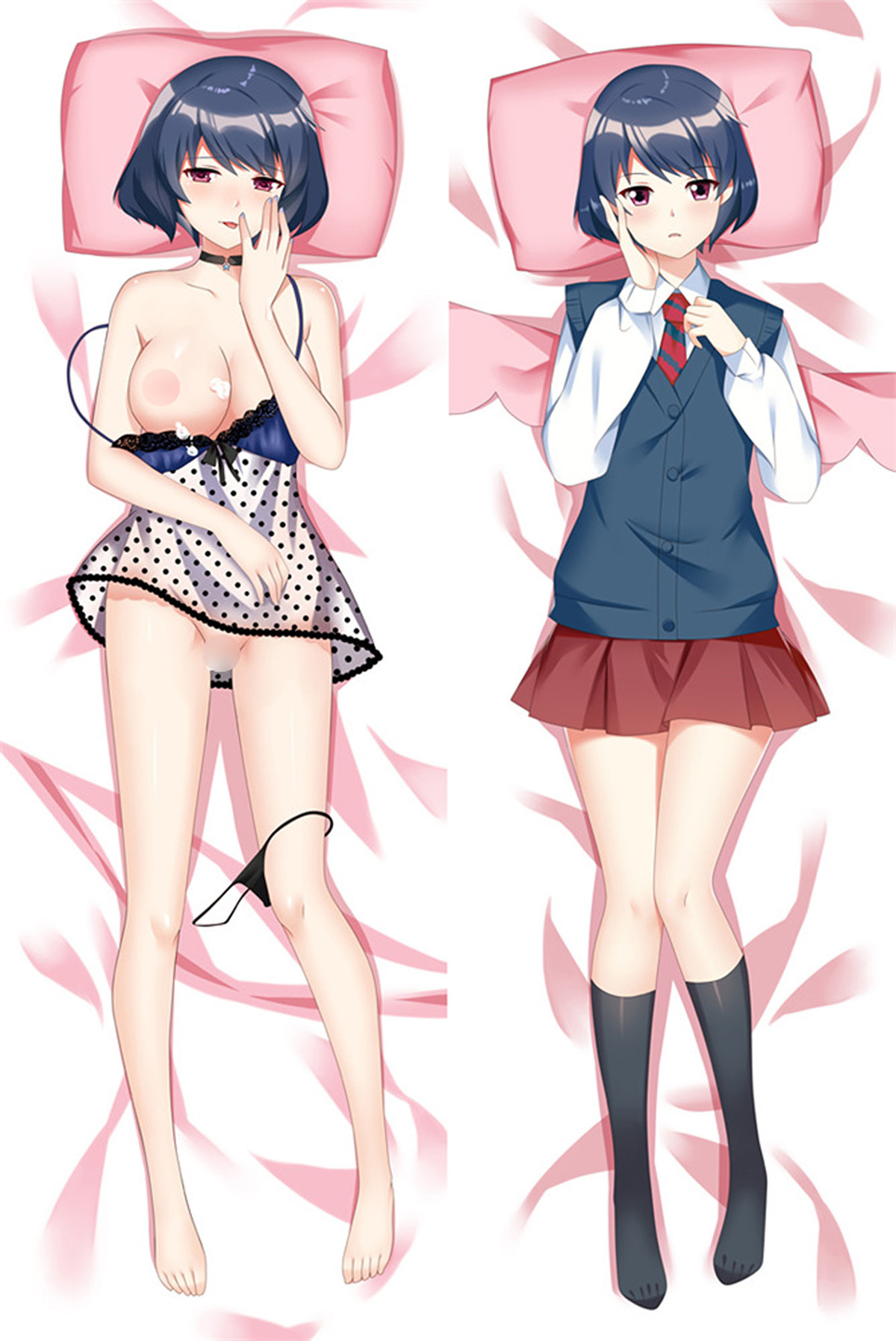 Rui Tachibana dakimakura artwork: A dark-blue bob and purple-red eyes appear with a white blouse, dark vest, red tie and skirt, plus a black-and-white polka-dot lace outfit.