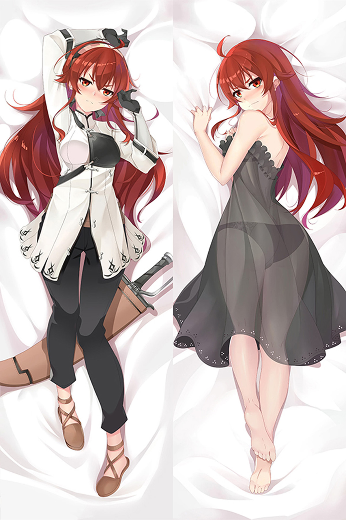 Eris with long red hair, fitted white-black coat, dark trousers and tan cross-strap shoes beside a black frilled dress, with a sword in a brown sheath.