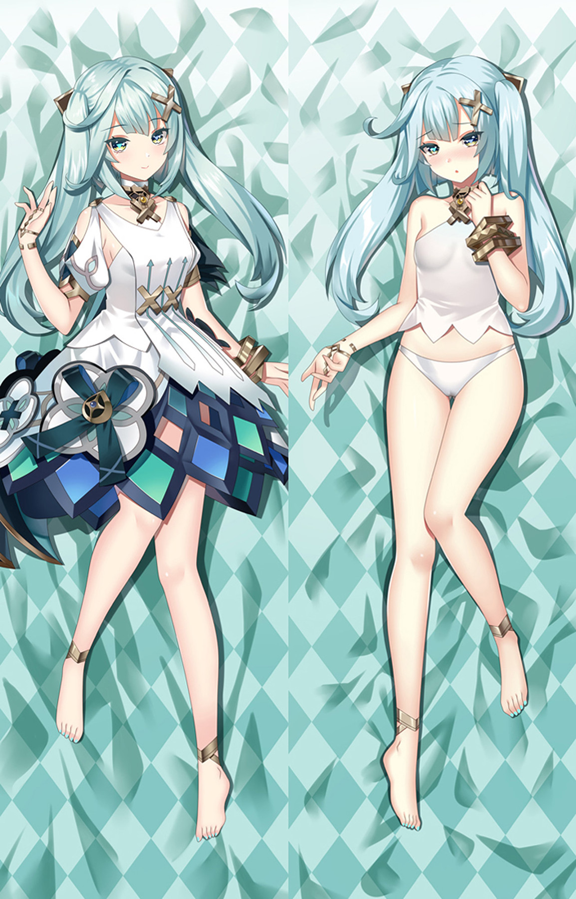 Dubbelzijdige illustratie voor een Faruzan dakimakurahoes met aquakleurige staarten, gouden accessoires en een blauwe geometrische rok.