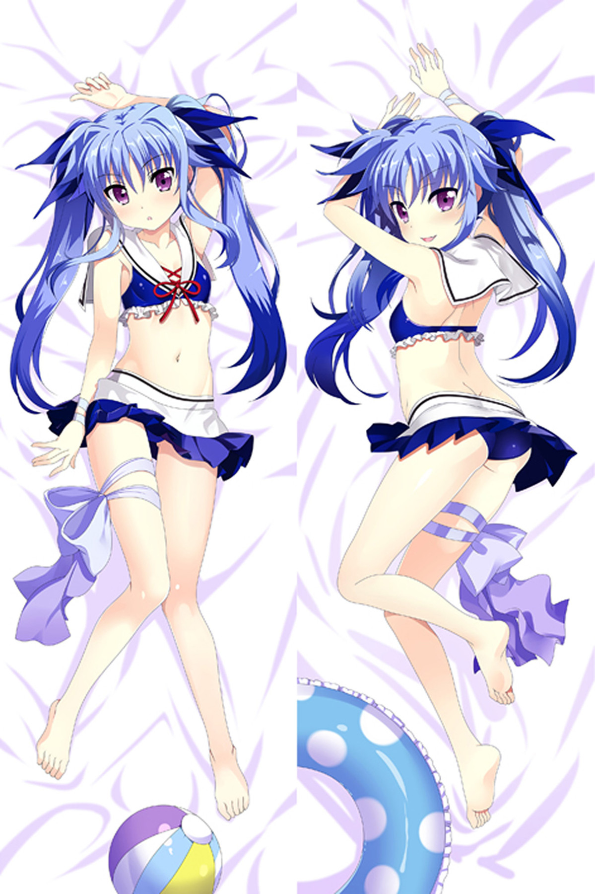 Levi de Magical Girl Lyrical Nanoha con coletas azules, conjunto de baño marinero, pelota de playa y flotador.