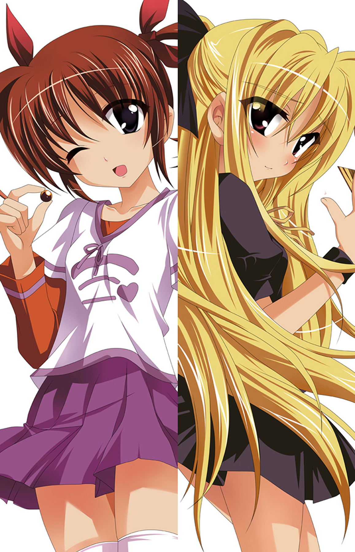 Fate and Nanoha dakimakura design with a white and purple top, orange sleeves and purple pleated skirt beside a dark school outfit, with hair ribbons.