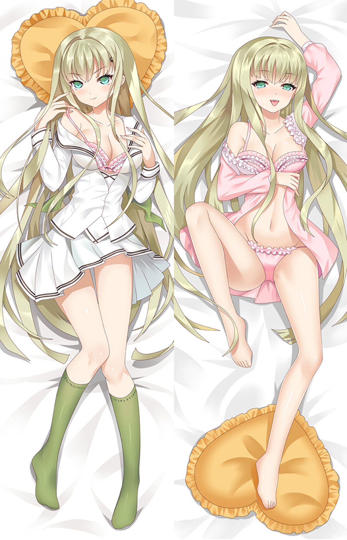 Kannagi Yuuri with very long pale-blonde hair and green eyes, in a white uniform and green knee socks, alongside a pink cardigan and lingerie pose with yellow heart cushions.
