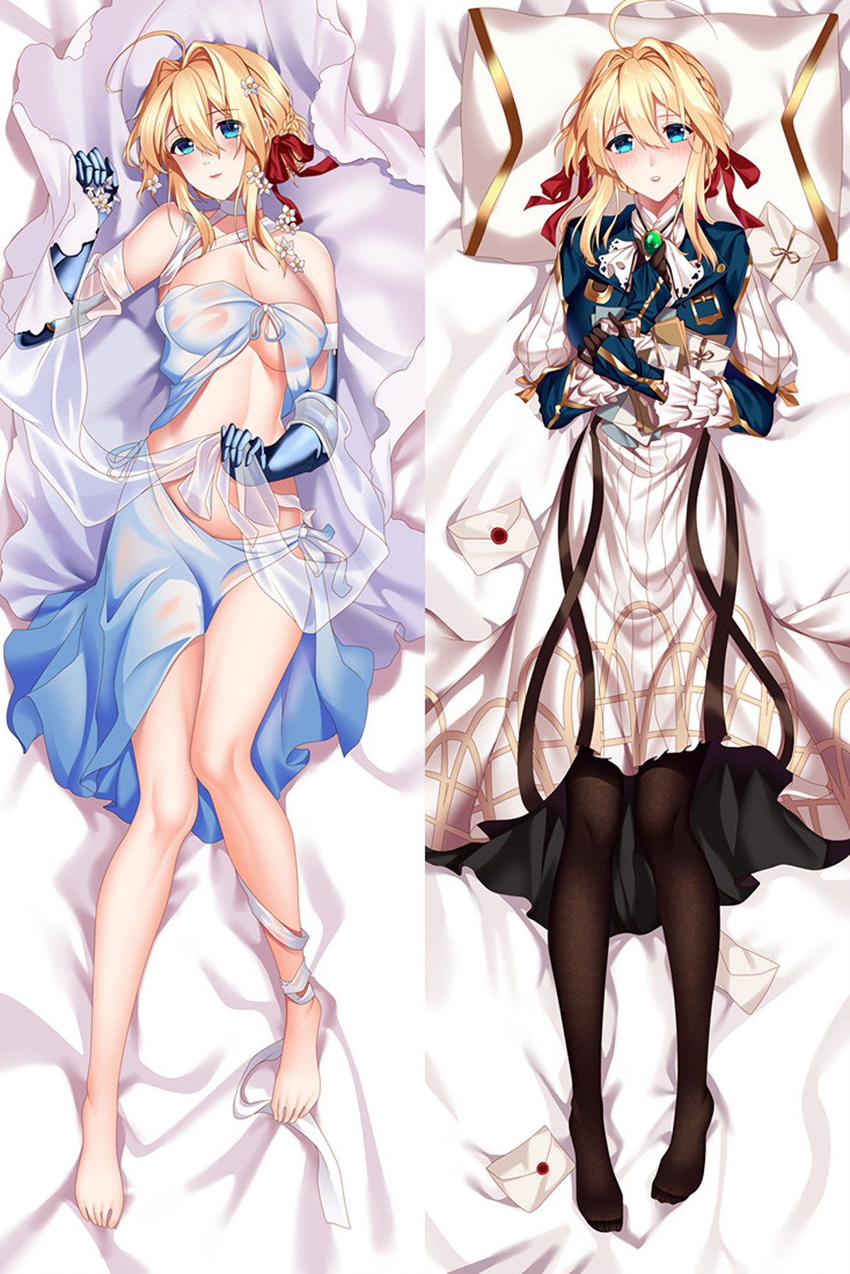 Zweiseitiges Violet Evergarden Dakimakura-Motiv mit hellblauem und weißem gebundenem Stoff, dunkelblauer Jacke, cremefarbenem Kleid, mechanischen Händen und Umschlägen.