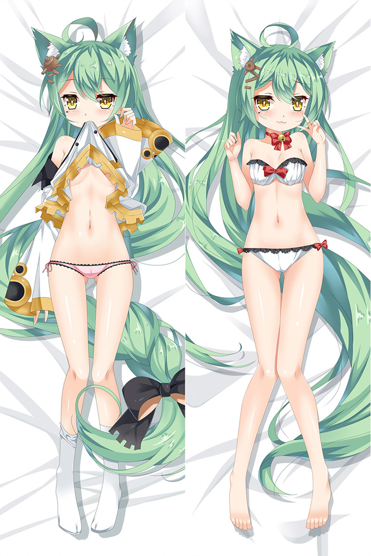 Akashi aux longs cheveux verts, yeux dorés, oreilles et queue de chat, tenue blanche et dorée près d’un costume blanc à nœuds rouges et clochette