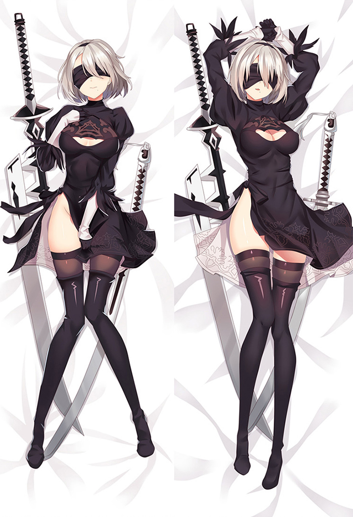 Dakimakura artwork featuring 2B from NieR Automata in a black dress, blindfold and tall boots, with a hand near her collar on the left and arms raised on the right, swords and a white background.