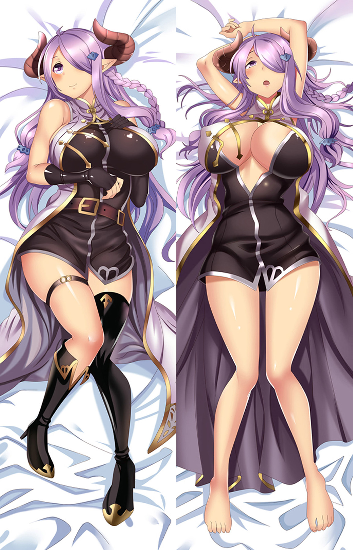 Narmaya with lilac hair, side braids, horns, black-gold short outfit, brown belt, long coat tails and black gloves, with boots in one view and bare feet in the other.