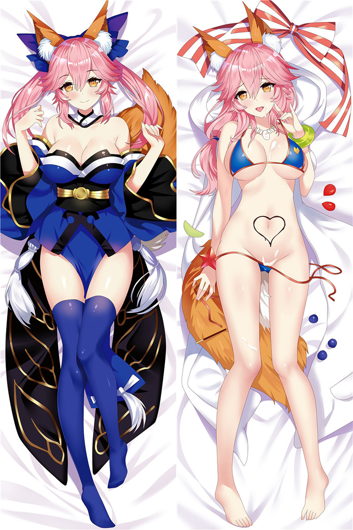 Tamamo no Mae de Fate/Grand Order en una funda dakimakura de dos caras, con pelo rosa, orejas y cola de zorro, kimono azul, traje de baño azul y lazo de rayas.
