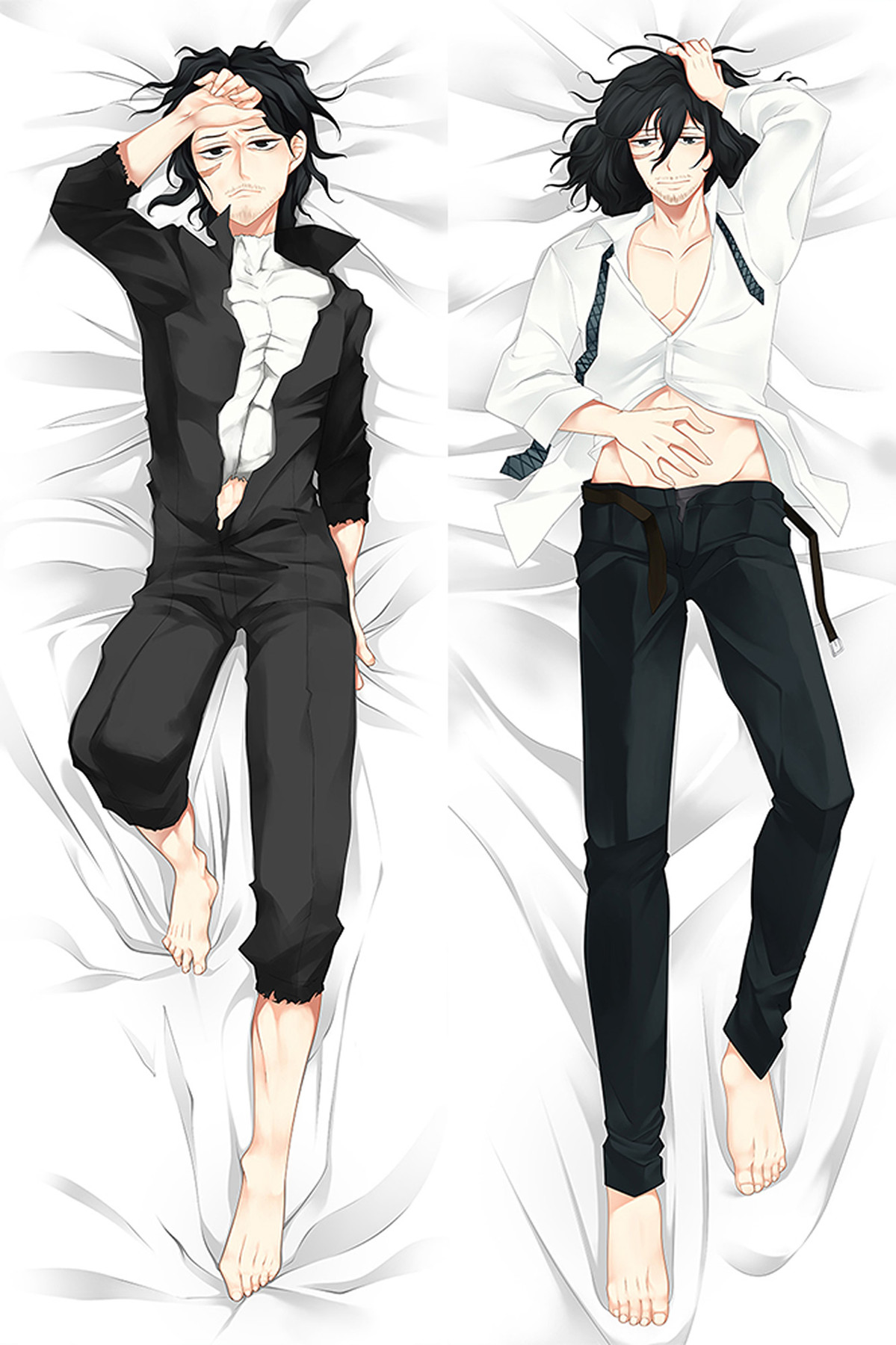 Two poses of Shota Aizawa for a body pillow case, with tousled black hair, a black jacket, white shirt and black trousers.