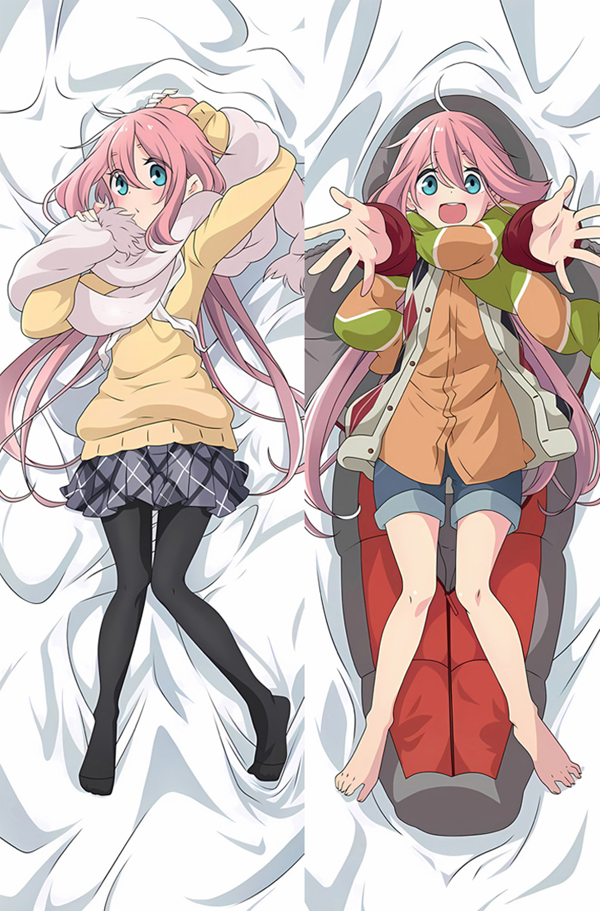 Dakimakura artwork of Nadeshiko Kagamihara with pink hair; yellow sweater and checked skirt on the left, green scarf and red sleeping bag on the right.