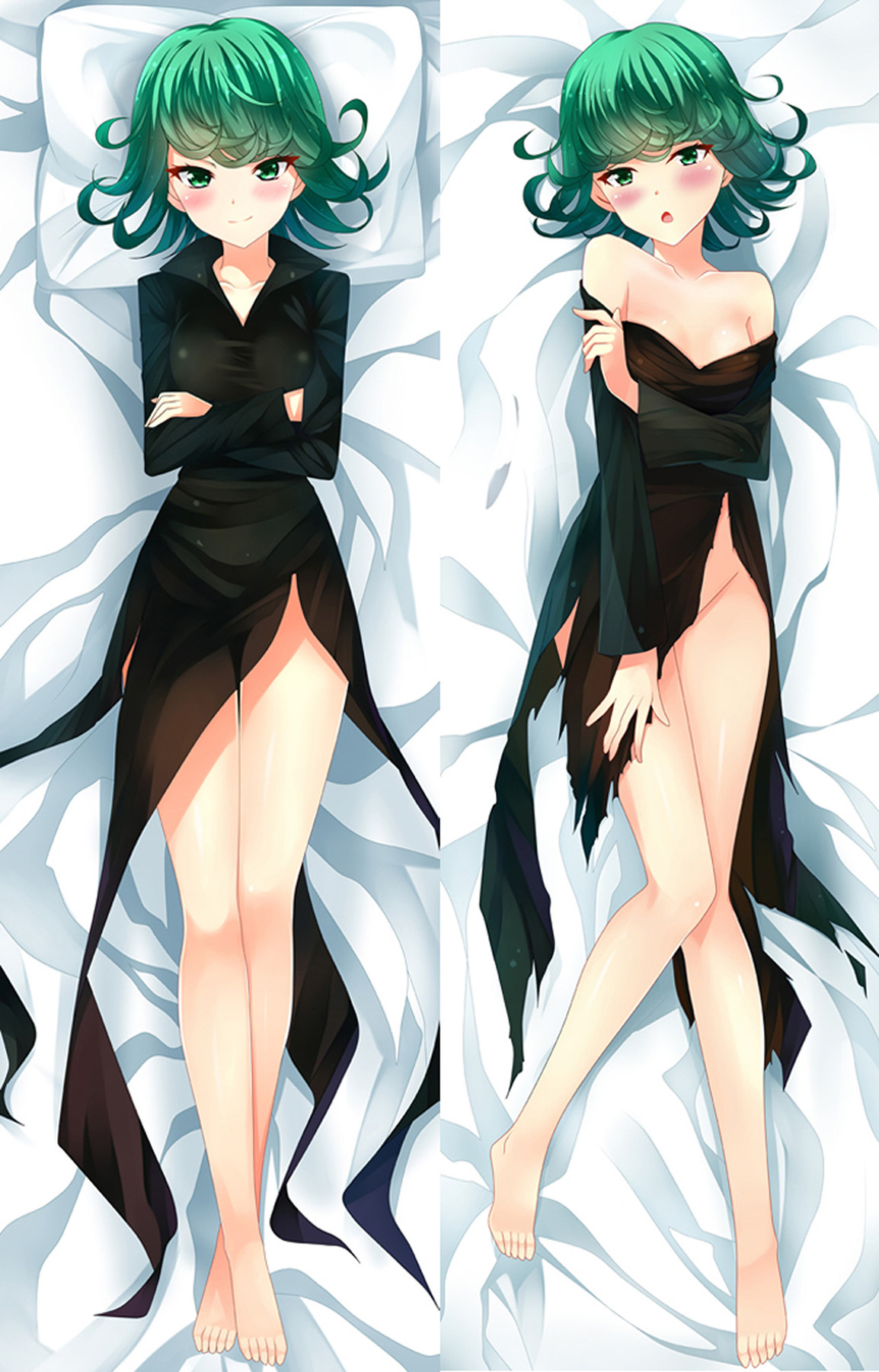 Tatsumaki from One Punch Man on a two-sided dakimakura body pillow case, with short green curls, green eyes and a long-sleeved black dress against pale blue bedding.