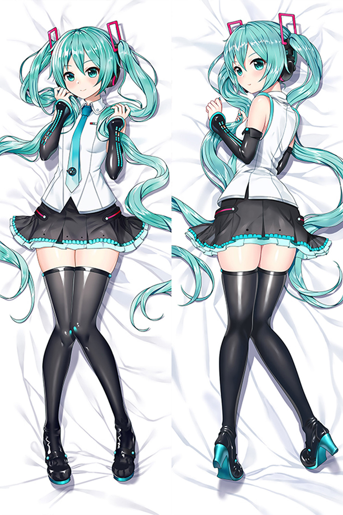 Front and back artwork for a Hatsune Miku body pillow case, featuring a teal tie and black pleated skirt.