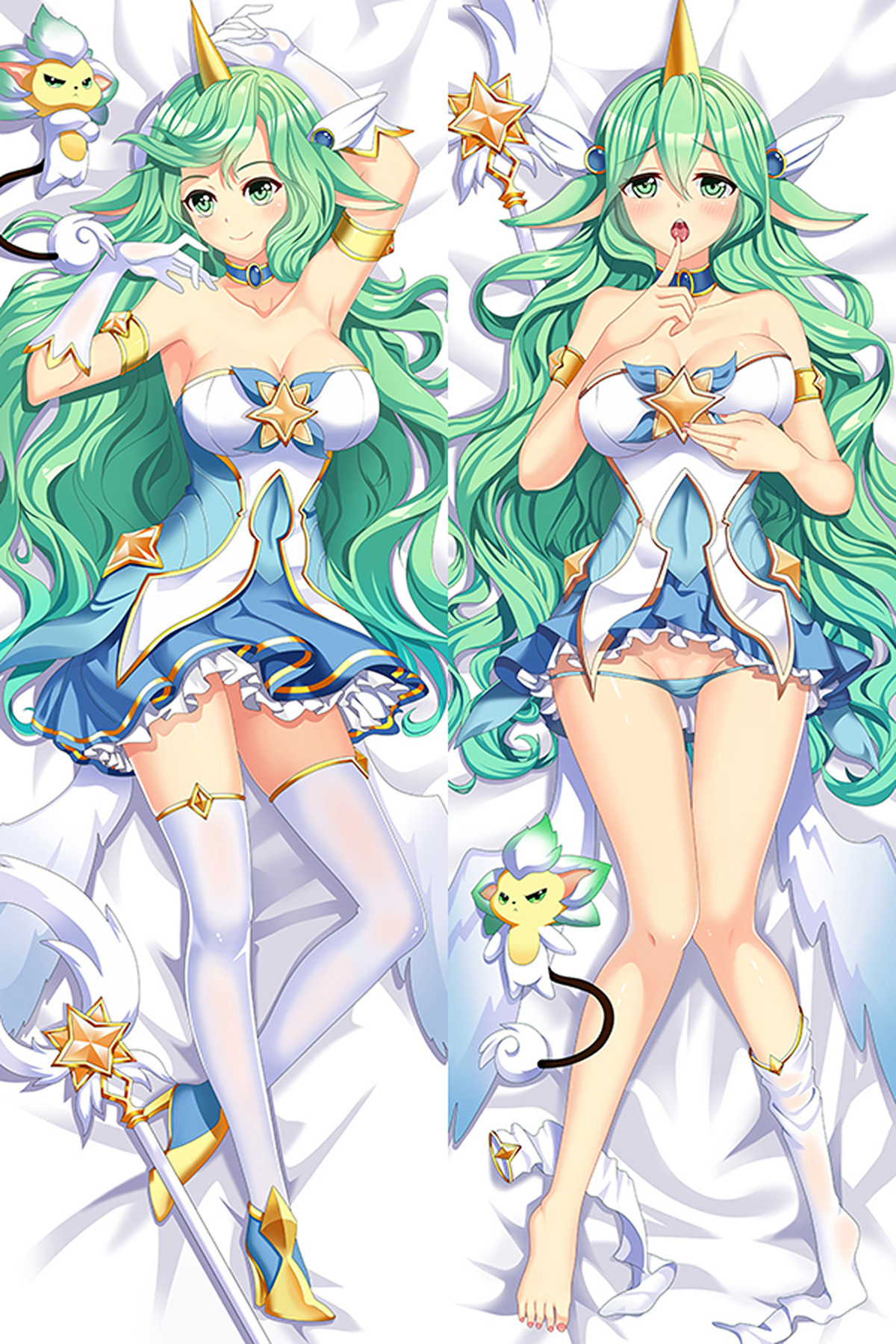 Housse de dakimakura Soraka Gardienne des étoiles, cheveux vert menthe, corne dorée, tenue bleue, blanche et or, bâton ailé et compagnon jaune et blanc Shisa