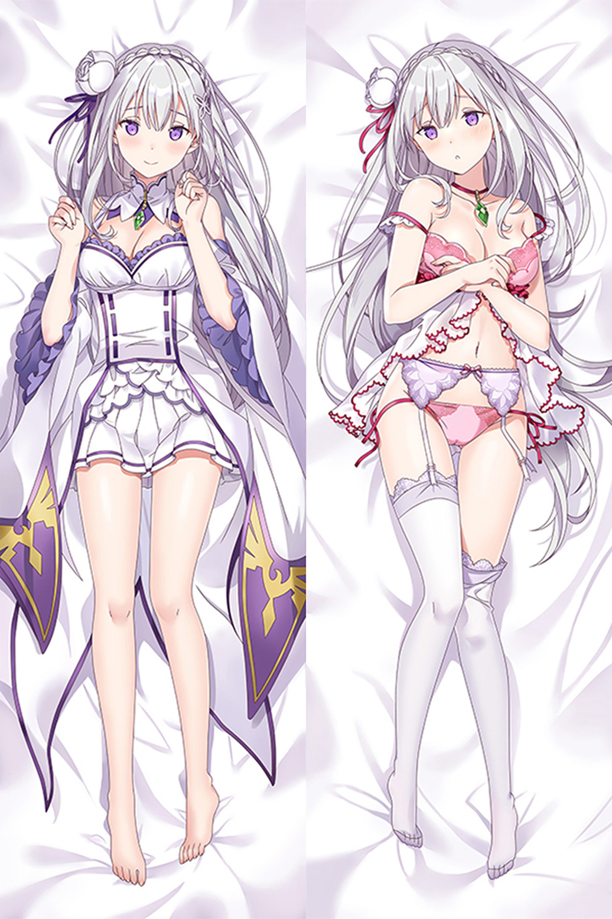 Double-sided Emilia dakimakura body pillow case artwork with pink nightwear and pale stockings.