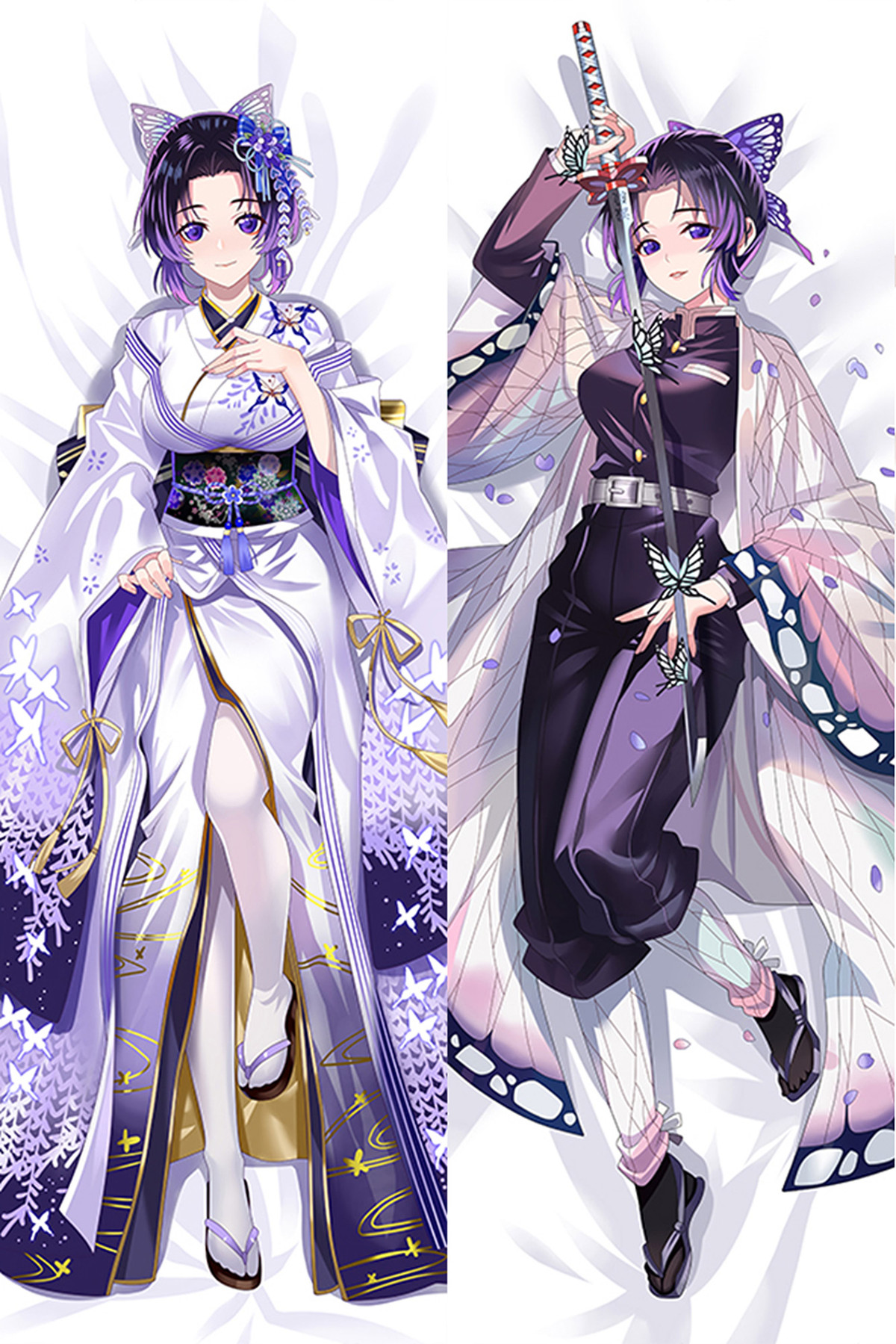 Shinobu Kocho im weiß-violetten Blumenkimono sowie in dunkler Uniform mit Schmetterlings-Haori und Schwert auf einem Dakimakura-Bezug.