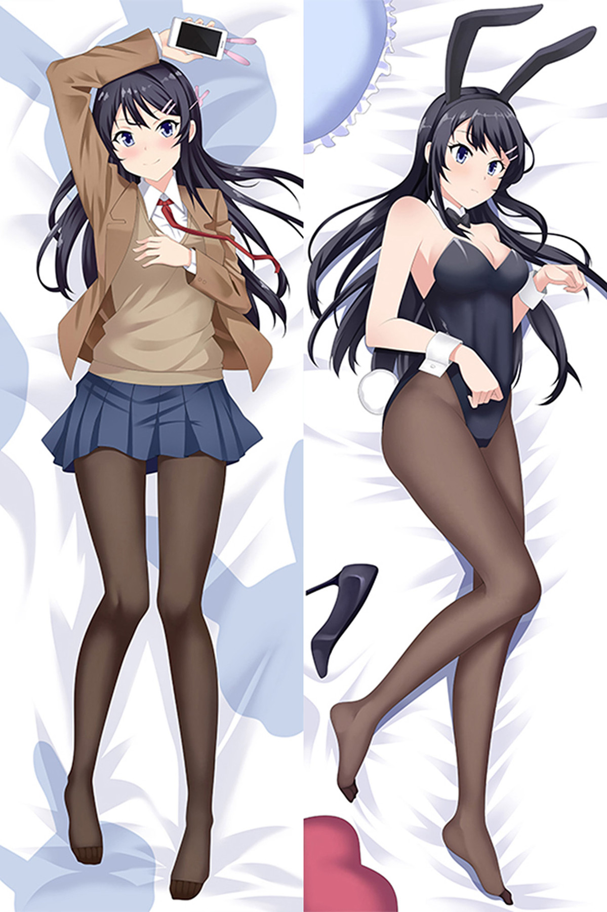 Mai Sakurajima mit braunem Blazer und schwarzem Bunny-Outfit auf dem Dakimakura-Motiv