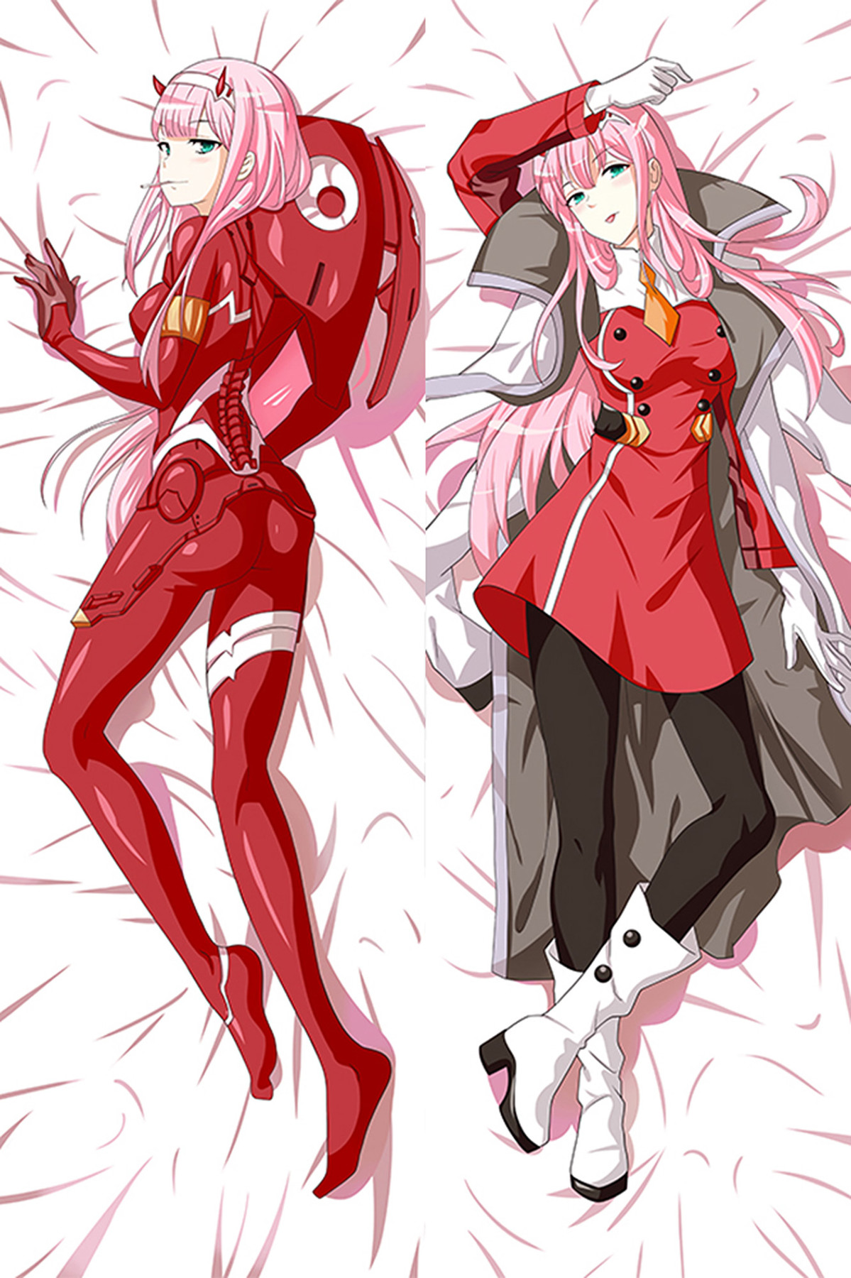Zero Two dakimakura body pillow case with pink hair, red horns, a red pilot suit and a red uniform with dark cape and white boots.