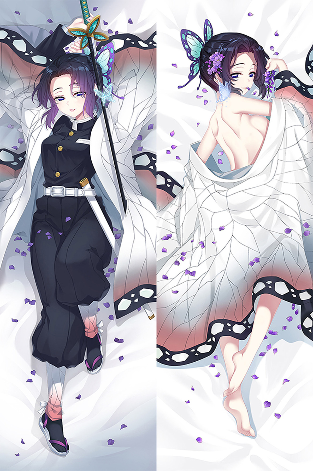 Dubbelzijdige illustratie van Shinobu Kocho voor een dakimakurahoes in voor- en achteraanzicht met een geheven zwaard, lichte haori met vlinderpatronen, paarse bloemenornamenten en paarse bloemblaadjes.