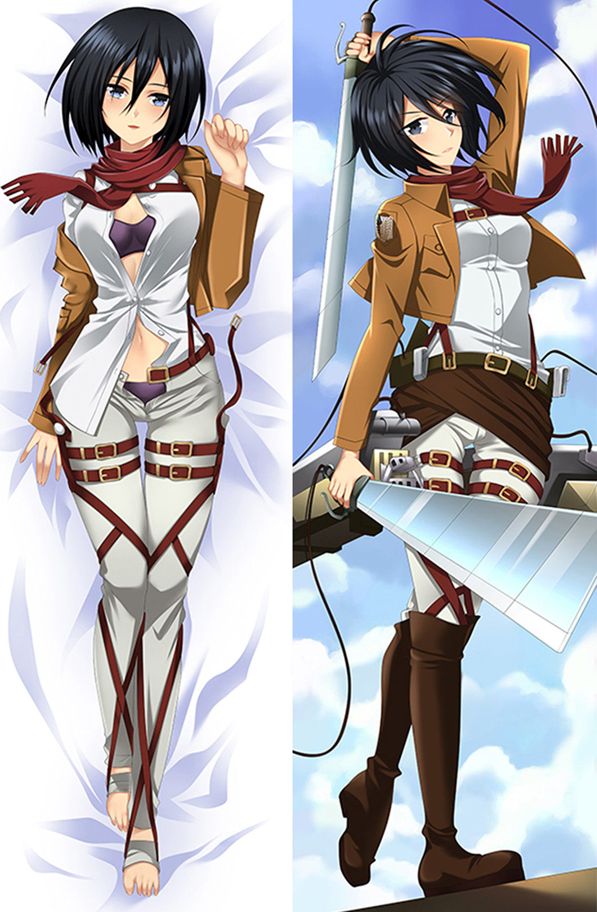 Ilustración de dakimakura de Mikasa Ackerman por ambos lados con bufanda roja, chaqueta marrón, pantalones blancos y arnés; espadas y botas marrones en el reverso.