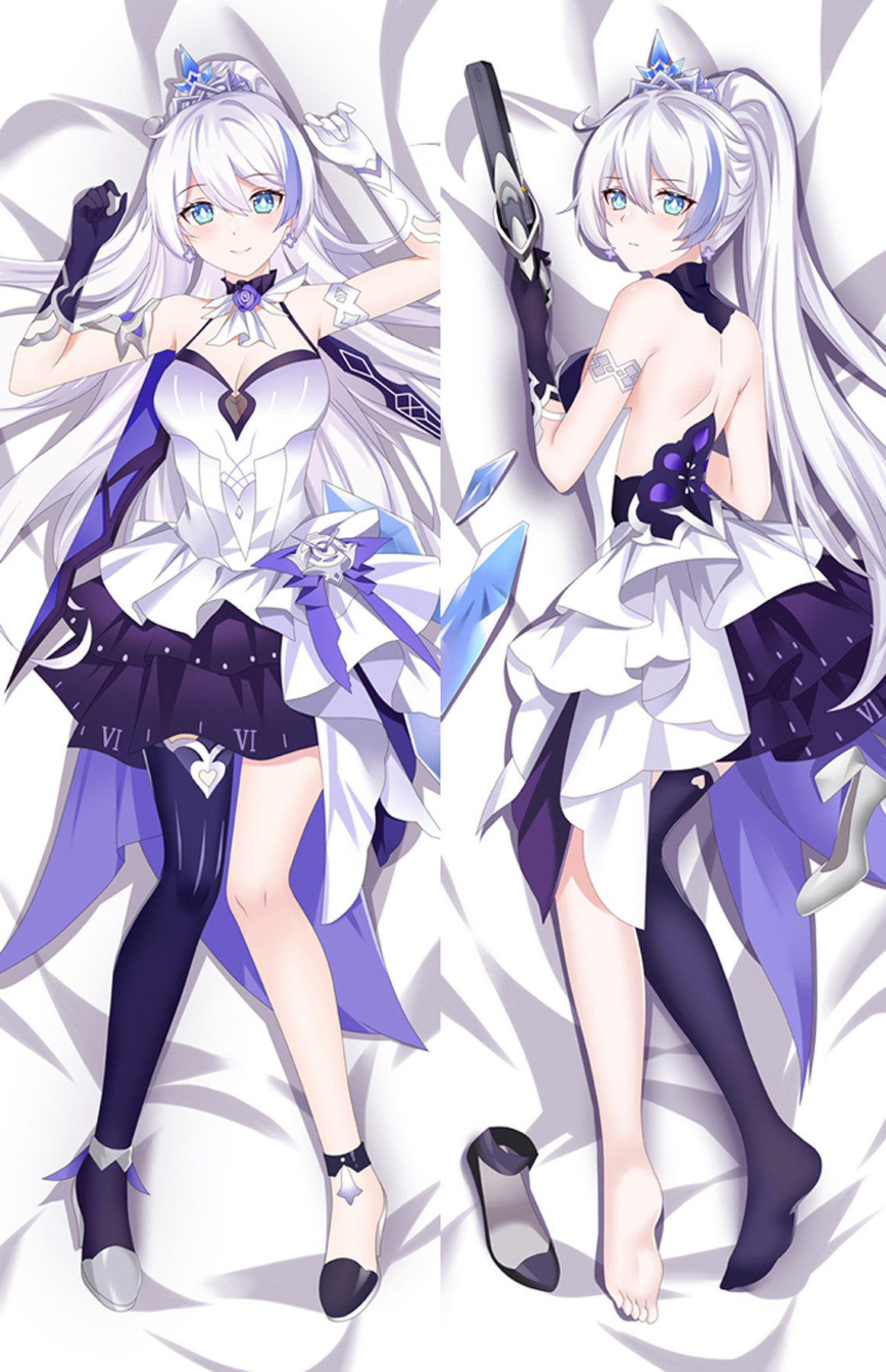 Kiana Kaslana dakimakurahoes met witte en paarse jurk, rozendetails, puntige kroon, witte paardenstaart en pistool.