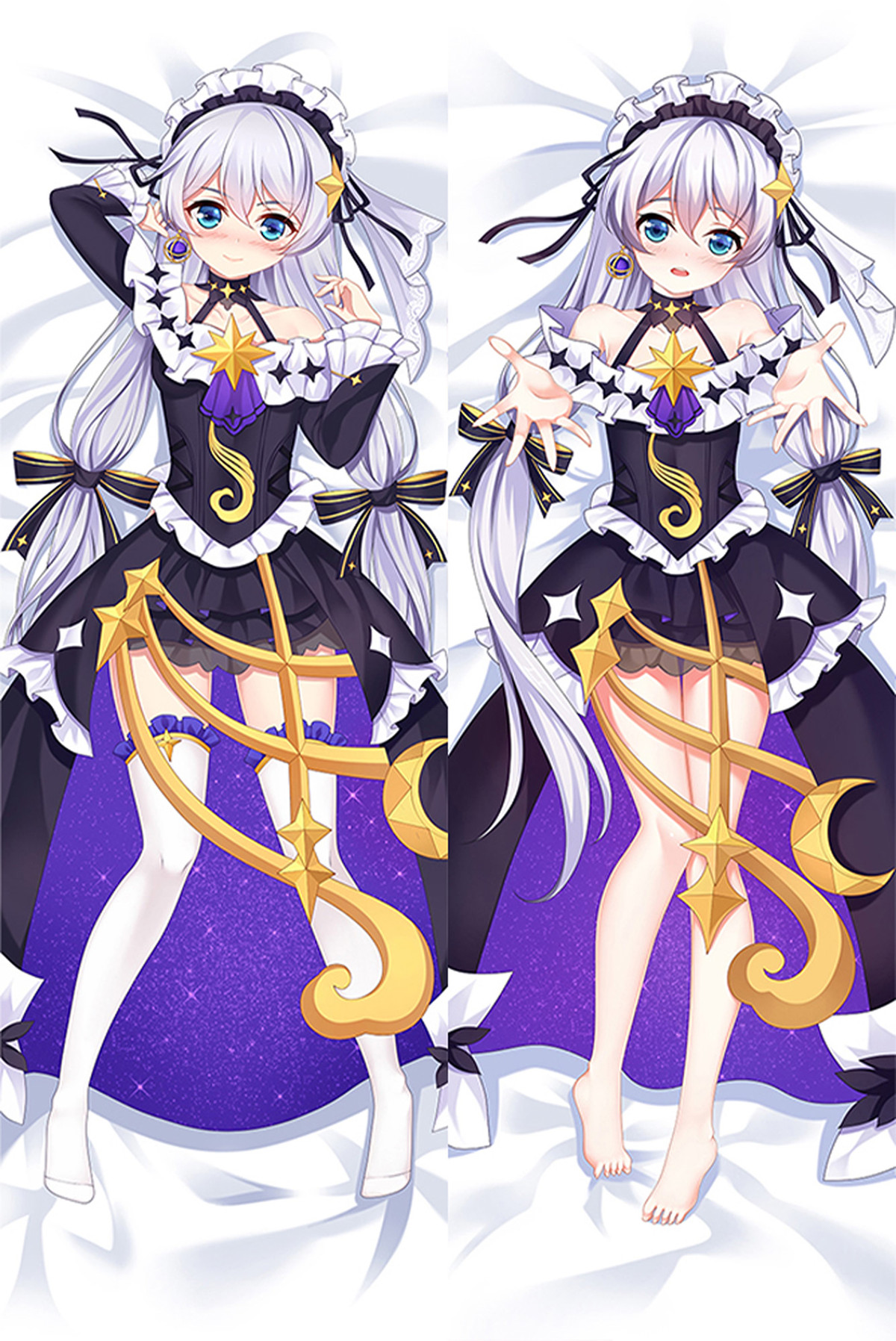 Fodera per cuscino dakimakura “ Theresa Apocalypse ” a doppia faccia, con un disegno raffigurante un abito nero e viola, volant bianchi, due codini argentati e dettagli dorati a forma di stella e mezzaluna.