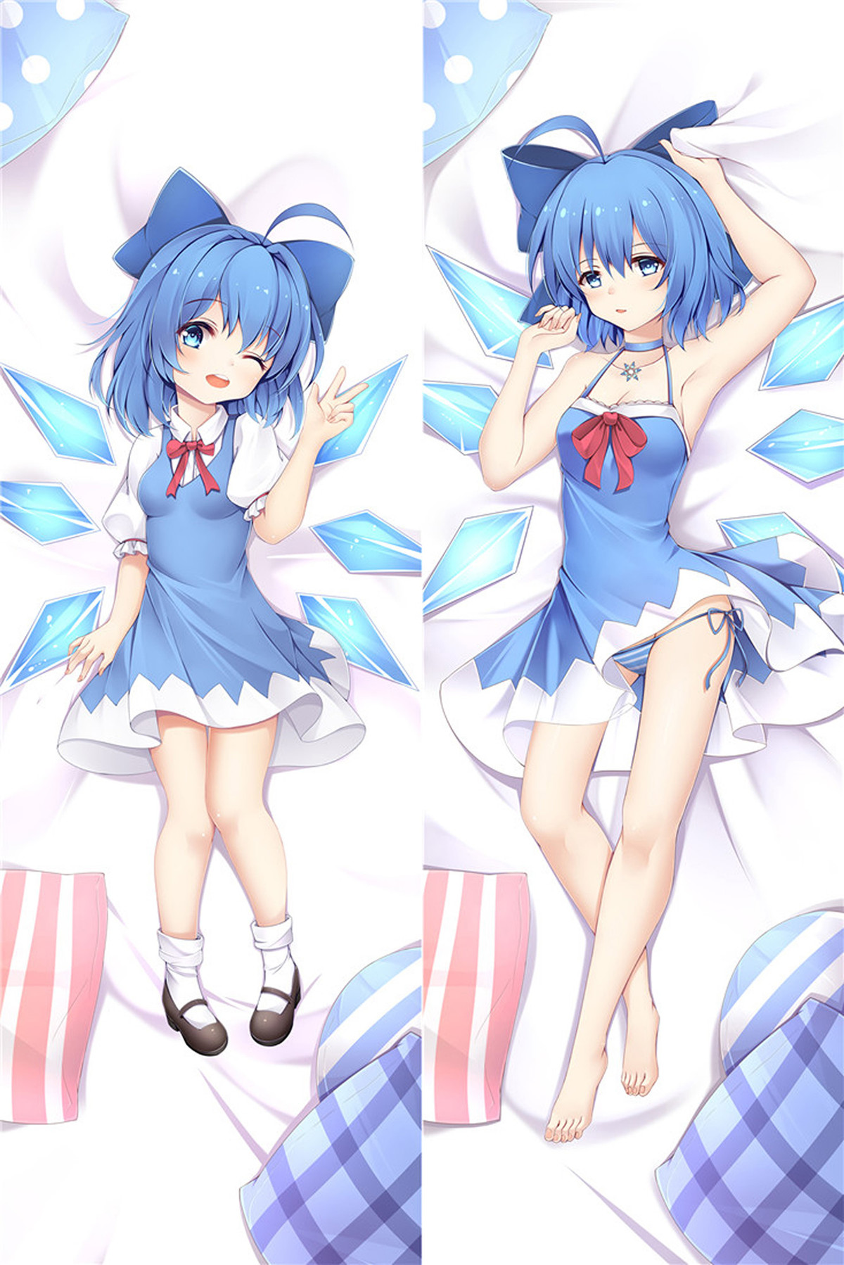 Cirno dakimakura-artwork met blauw haar, grote strik, kristalvleugels en twee blauw-witte jurken.