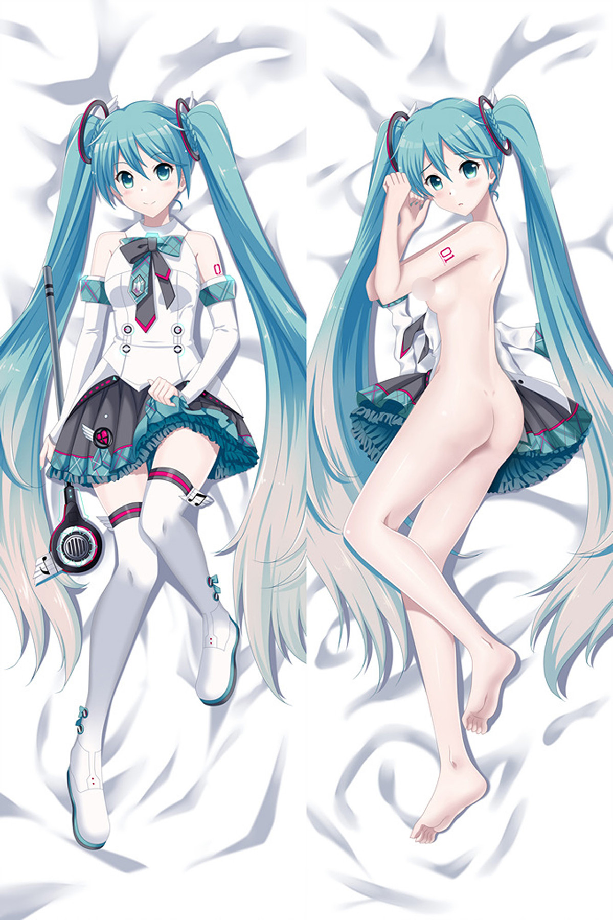 Hatsune Miku: Wit-turquoise kostuum. Gecensureerde illustratie.