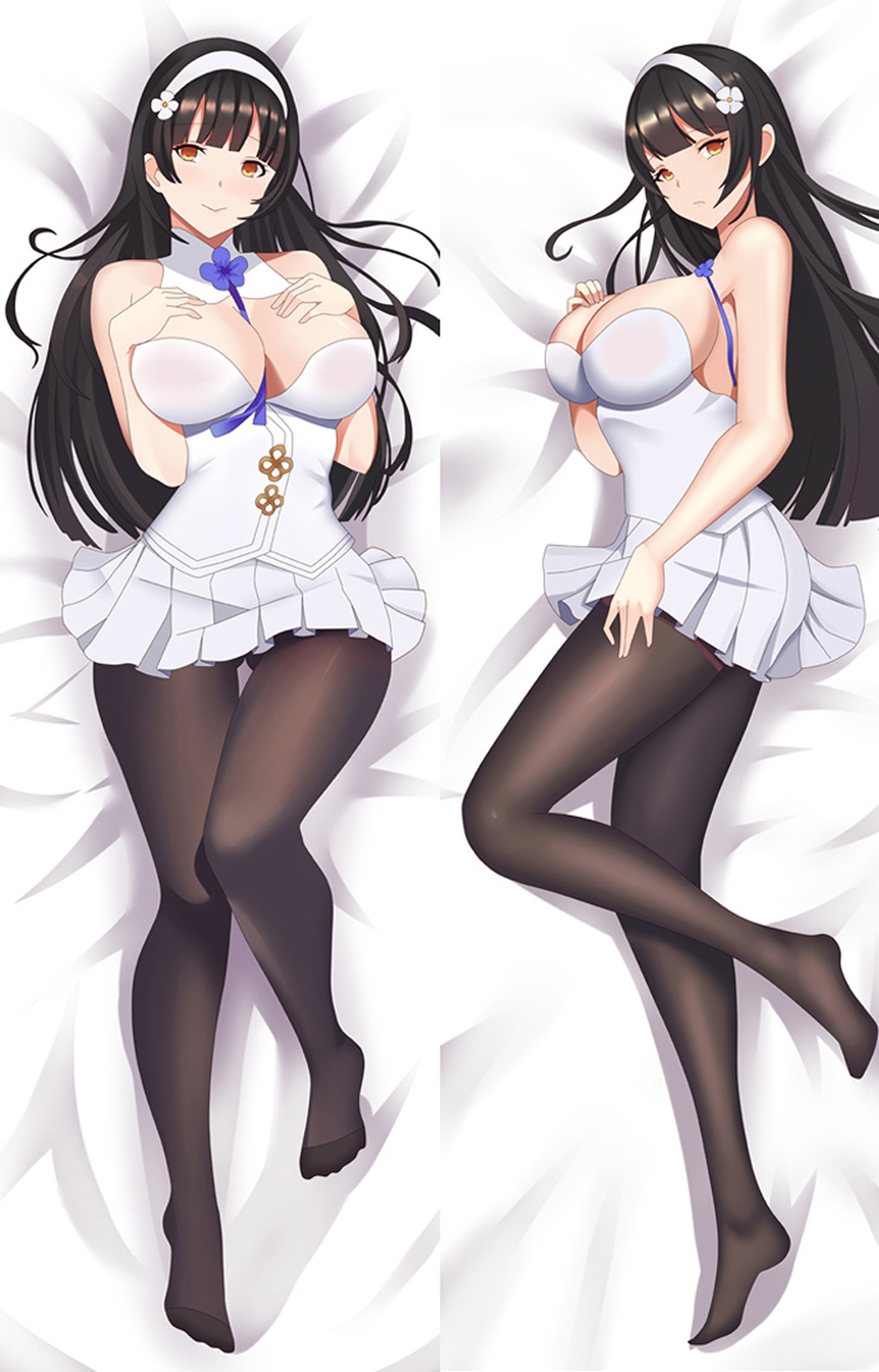 Type 95 in two poses wearing a short white pleated outfit and black tights, with a blue flower at the collar and a white hairband.