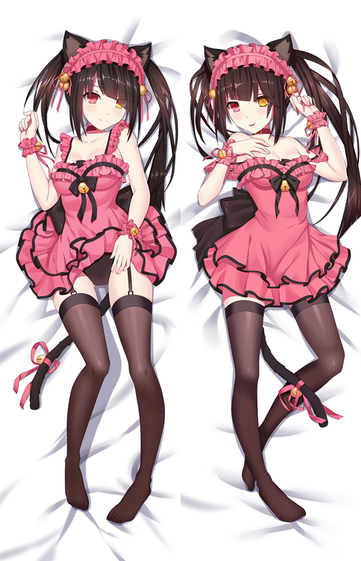 Kurumi Tokisaki in two pink frilled cat-costume poses with bells, black bows and dark thigh-high legwear.