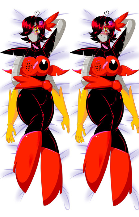 Matching Mettaton dakimakura illustrations from Undertale, showing red-and-black robotic armour, yellow gloves, grey segmented arms and short black-and-red hair.