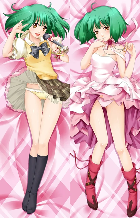 Ranka Lee with green hair, a microphone, yellow sweater vest and plaid skirt beside a pink-and-white stage dress and red boots on a pink checked background.