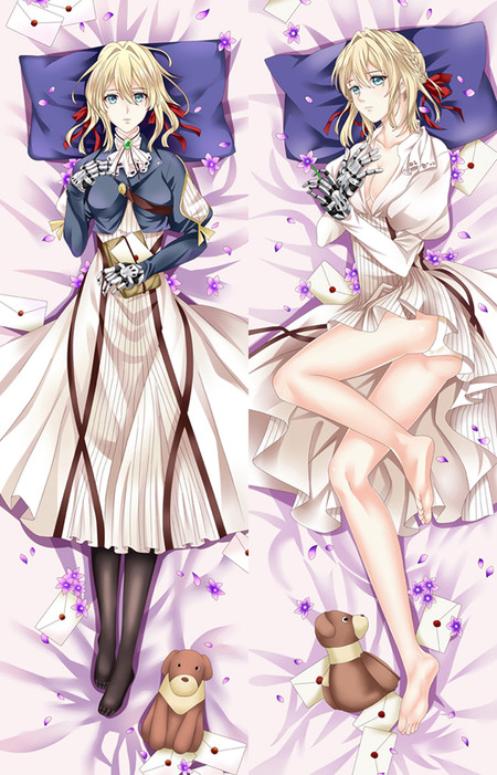 Violet Evergarden with blonde braids, dark blue jacket, cream dress, white blouse, mechanical hands, brown dog plush and purple flowers.