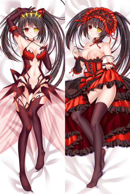 Kurumi Tokisaki with black twintails, red and gold eyes, angular red-and-black outfit, gold spiked head ornament, burgundy gloves and dark legwear.