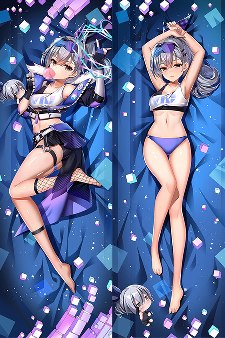 Silver Wolf with grey ponytail, pixel goggles, white crop top, blue briefs and a purple jacket against floating cubes and neon shapes.