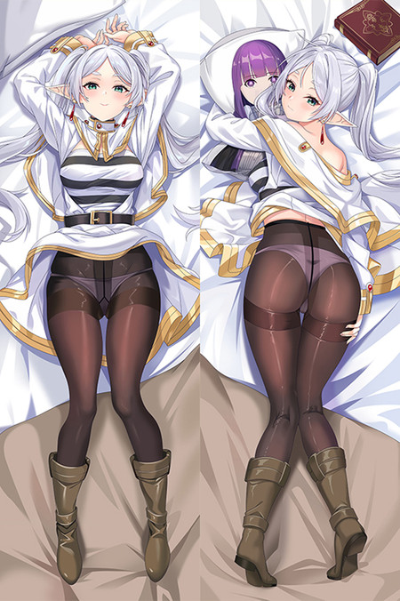 Frieren dakimakura cover with silver twin tails, a white and gold outfit, dark tights and brown boots; Fern appears on a portrait pillow behind the right pose.