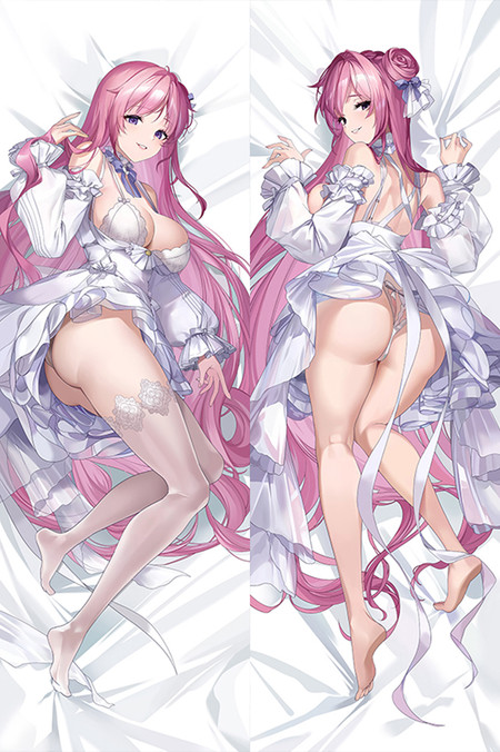Dorothy on a dakimakura body pillow case with long pink hair, a white frilled dress and rose hair decoration in front and rear views.