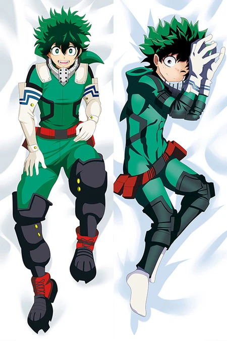 Izuku Midoriya on a dakimakura body pillow case in a green and black hero suit, with red and black boots on the left, a raised white glove and wink on the right.