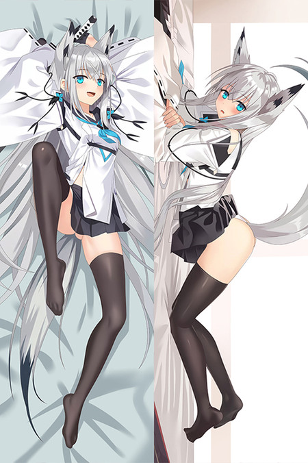 Shirakami Fubuki dakimakura artwork with a blue neck ribbon and black skirt.