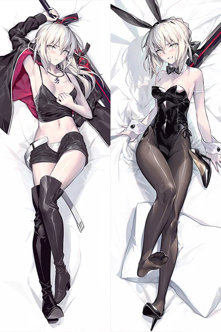 Double-sided Saber Alter dakimakura body pillow case artwork with a bunny outfit and red-lined coat.