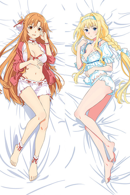 Asuna Yuuki & Alice Zuberg con ropa de dormir roja y blanca, azul y blanca.