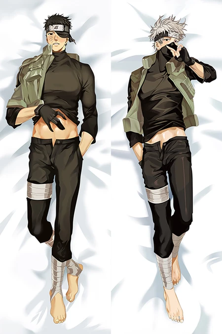 Two-sided Naruto dakimakura body pillow case with silver-haired, masked Kakashi and a dark-haired shinobi in green vests, black trousers and Leaf headbands.