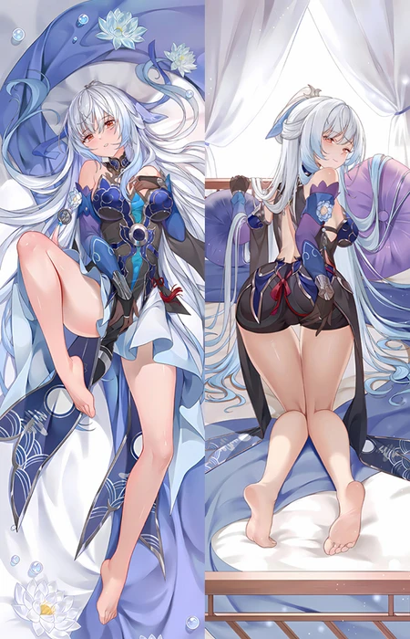 Double-sided Jingliu dakimakura body pillow case artwork with blue outfit details and pale lotus flowers.