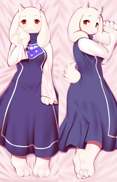 Toriel dakimakura body pillow case artwork, front and rear views in a purple dress with white sleeves, white fur and red eyes on a pink background.
