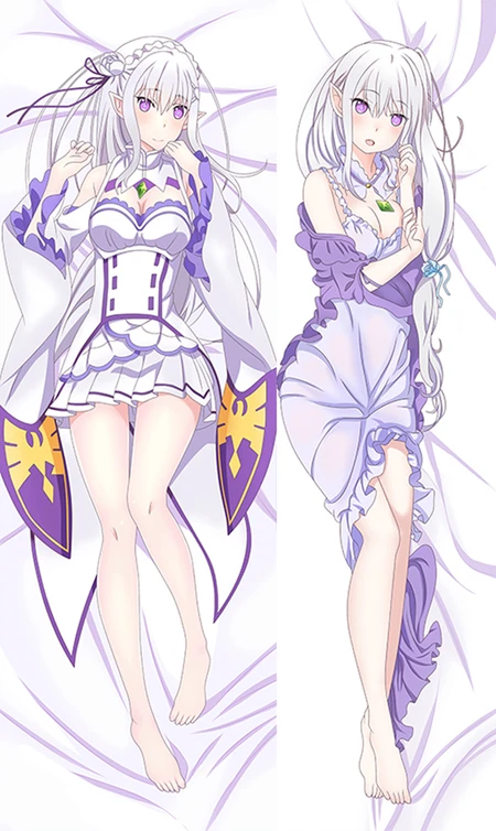 Double-sided Emilia dakimakura body pillow case artwork with a white costume and lavender nightdress.