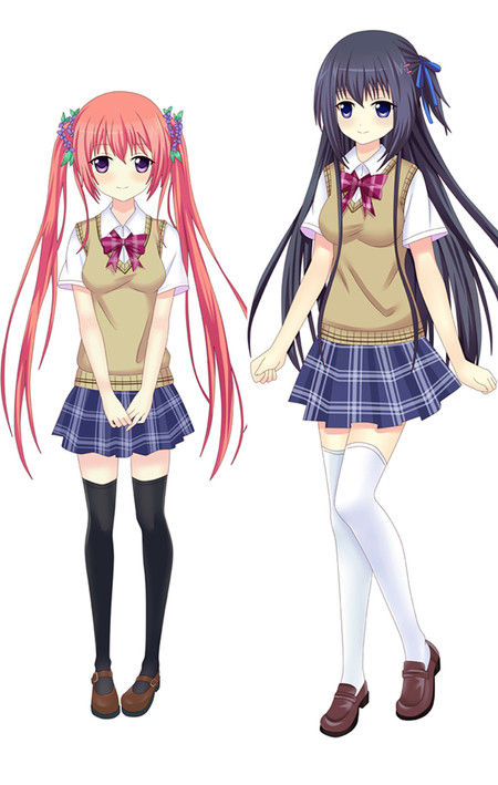 Yinlin Chen and Wanxue Wu in matching checked uniforms, with pink twin-tails and long dark hair.