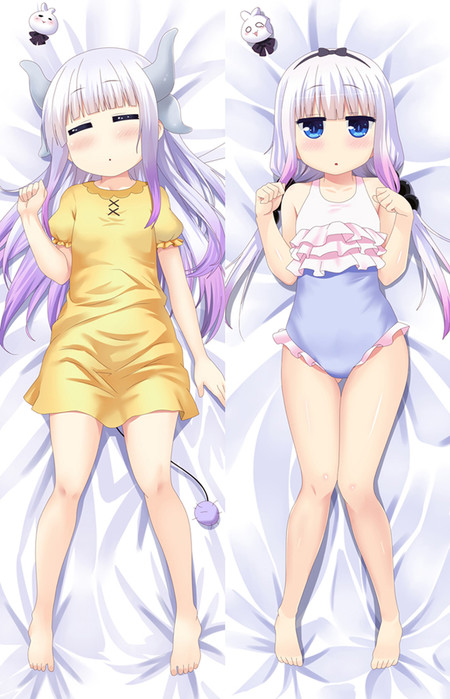 Kanna Kamui dakimakura artwork pairing a yellow short-sleeved dress with a blue-and-white one-piece swimsuit and pink ruffles, showing pale hair, horns and blue eyes.