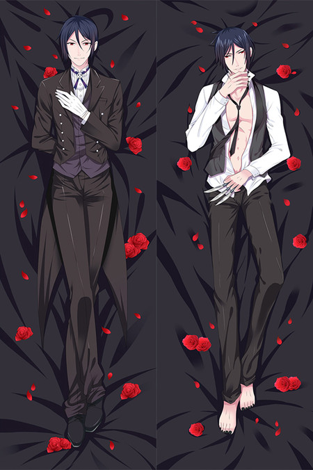 Sebastian Michaelis dakimakura with a dark suit, purple waistcoat and white gloves amid red roses on dark bedding
