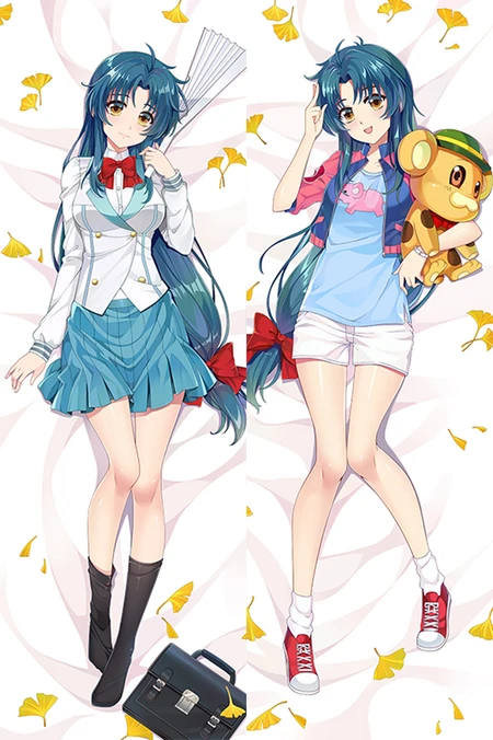 Kaname Chidori con cabello turquesa, blazer blanco, falda turquesa, camiseta azul y pantalón blanco